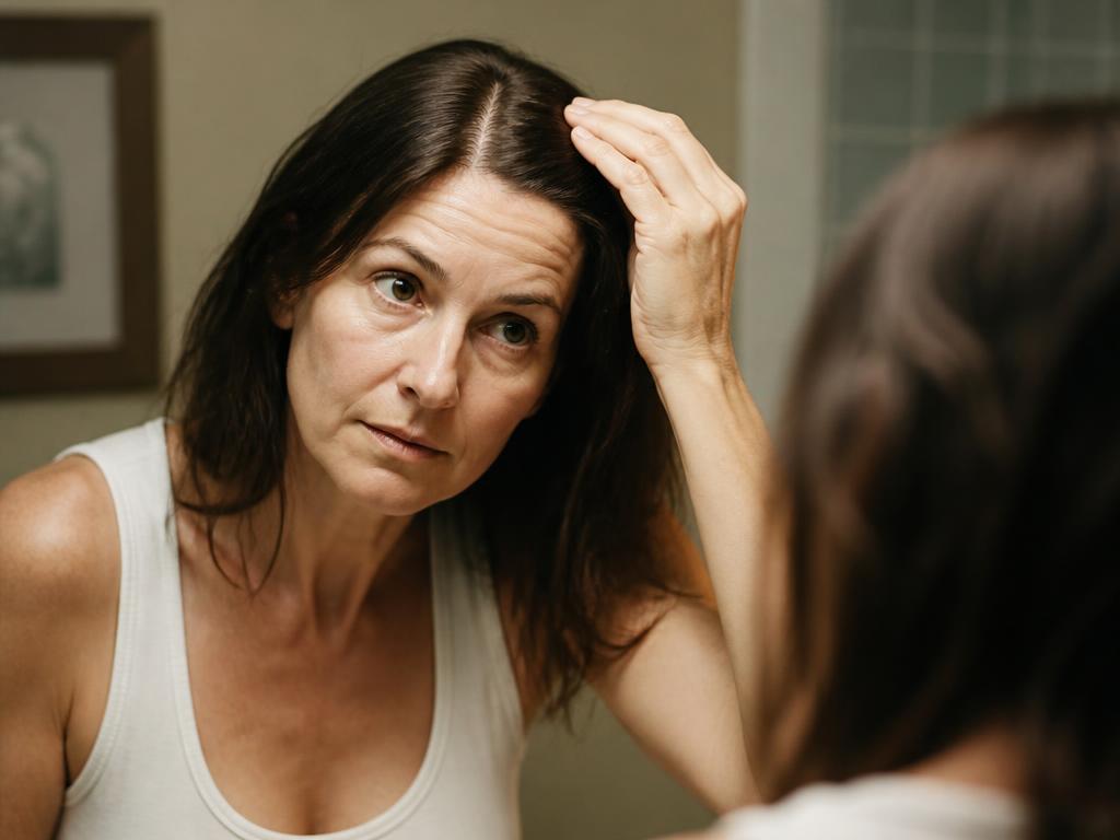 Mulher observando no espelho a raiz do cabelo mais rala