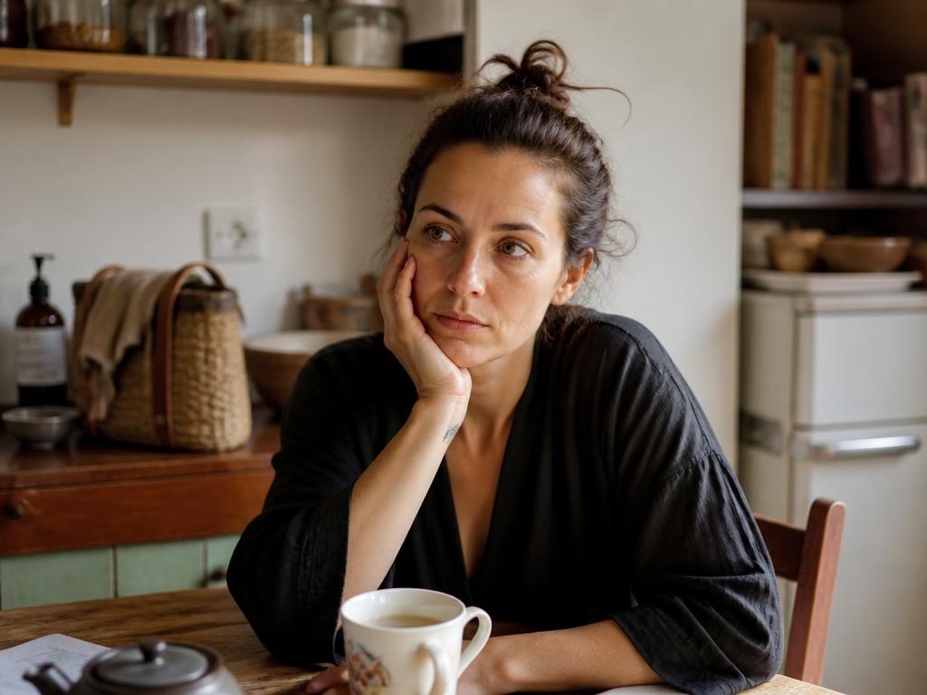 Mulher cansada à mesa, sinal de carência de nutrientes