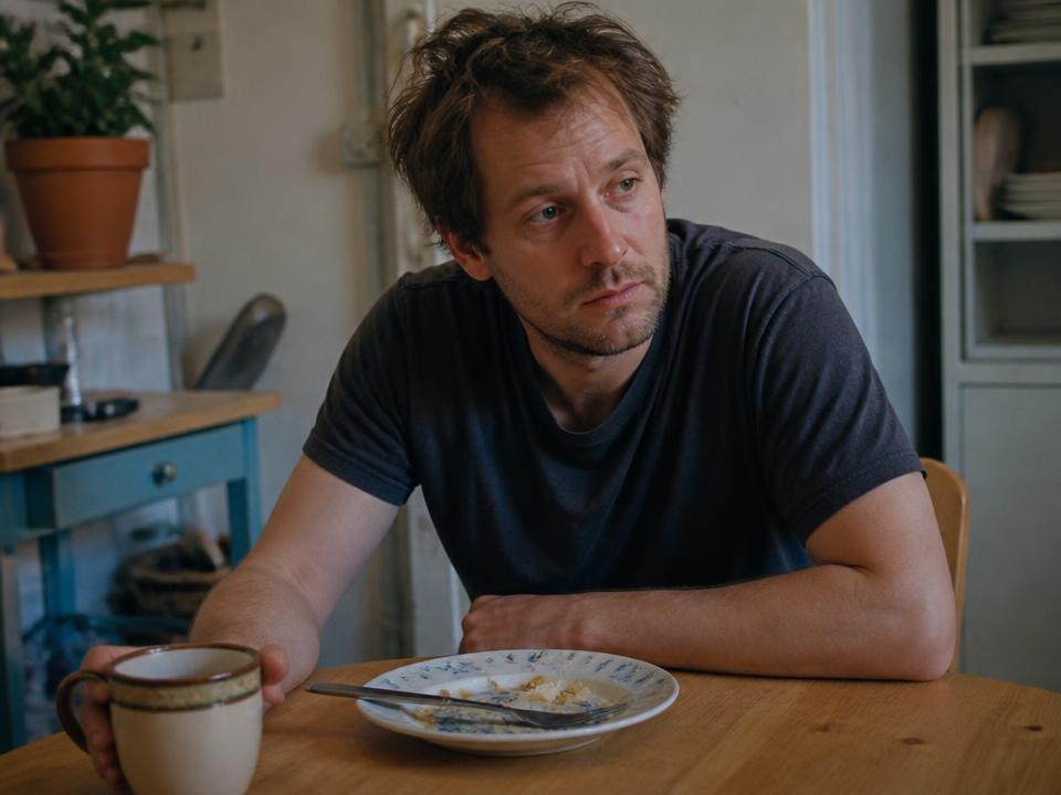 Homem cansado à mesa, sinal de carência de nutrientes